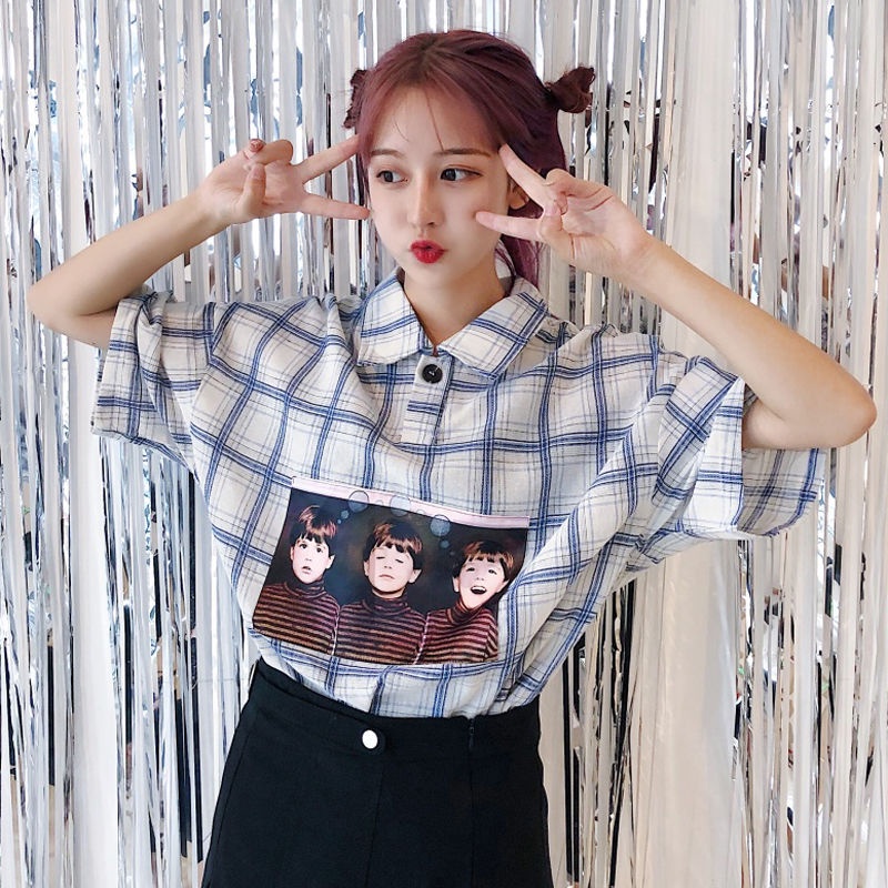 Áo Sơ Mi Ngắn Tay Dáng Rộng Họa Tiết Sọc Caro Phong Cách Hàn Quốc Thời Trang Mùa Hè Mới Cho Nữ