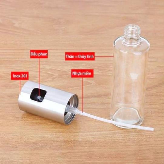 Bình xịt dầu ăn phun sương cho nồi chiên không dầu, nướng, chai xịt dầu ăn 100ml nắp Inox thân thủy tinh