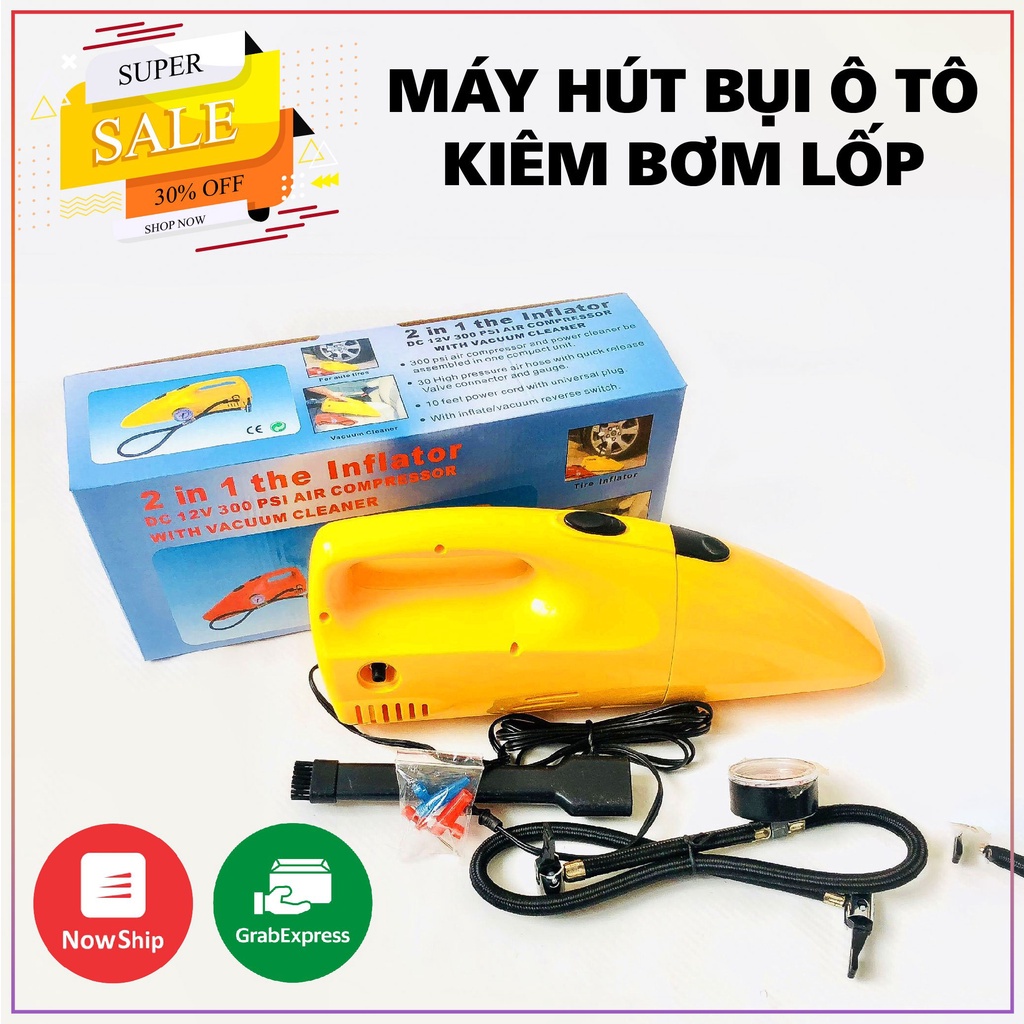 Hút Bụi ô tô 12v kèm bơm lốp siêu mạnh (màu vàng) hút bui siêu mạnh