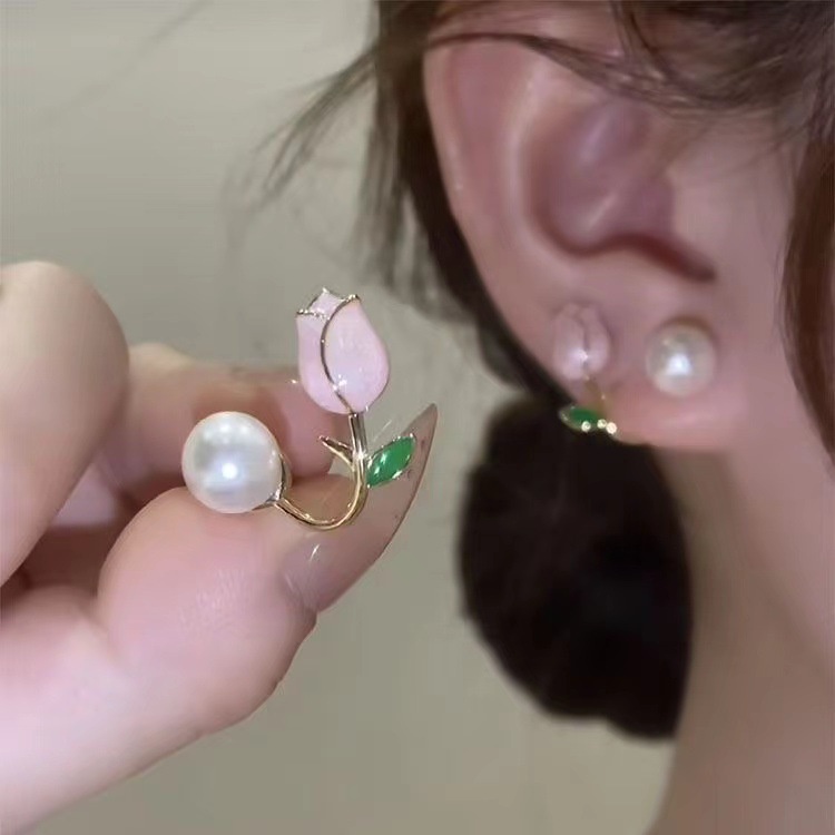 1 Đôi Bông Tai Hoa Tulip Đính Ngọc Trai Thời Trang Ngọt Ngào Dành Cho Nữ
