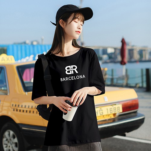 Black loose large size short-sleeved t-shirt women spring and summer new bf wind Korean version of printed cotton bottoms missing women's clothing