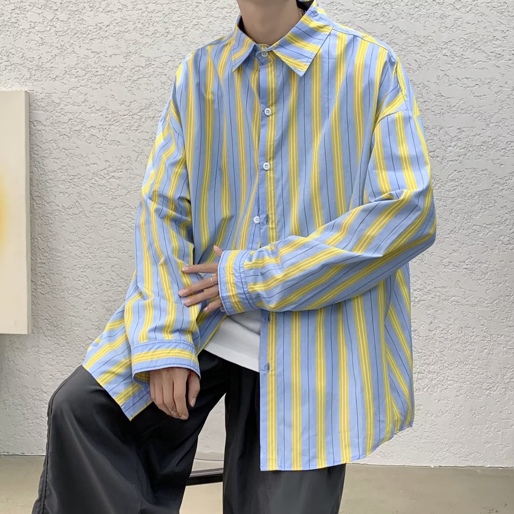Áo Sơ Mi Nam Dài Tay Dáng Rộng Họa Tiết Sọc Dọc Màu Tương Phản Thời Trang