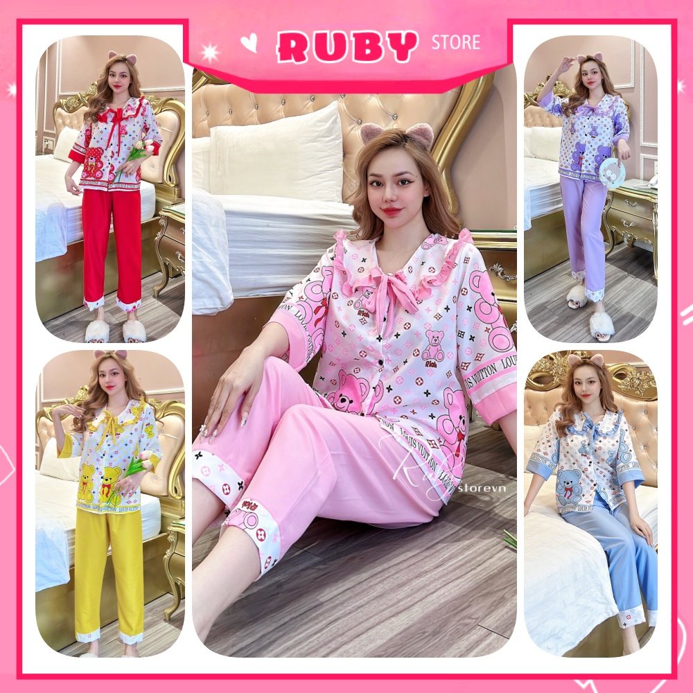 Đồ bộ tiểu thư cho nữ mặc nhà chất vải kate mềm mịn  in hình gấu hoạt hình dễ thương DBKIHTN77