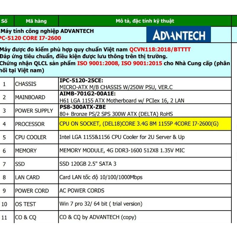 Máy tính công nghiệp IPC ADVANTECH core i7-2600 Ram 4Gb SSD 120GB | BigBuy360 - bigbuy360.vn