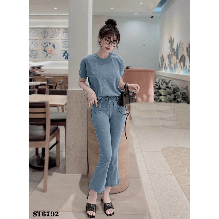SÉT THUN GÂN ÁO CỔ TRÒN PHỐI QUẦN DÀI ỐNG LOE ĐỒNG MÀU MẶC NHÀ THOẢI MÁI MÁT MẺ UP Thời Trang hhp 2022