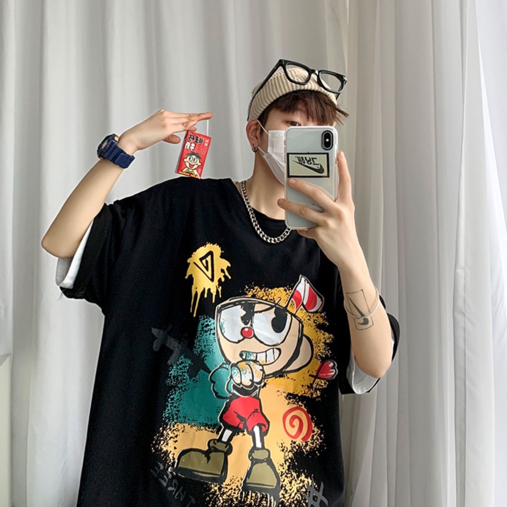 Áo thun tay lỡ nam nữ, áo phông unisex form rộng chất cotton mát mịn thấm hút mồ hôi in hình hoạt hình SIB111