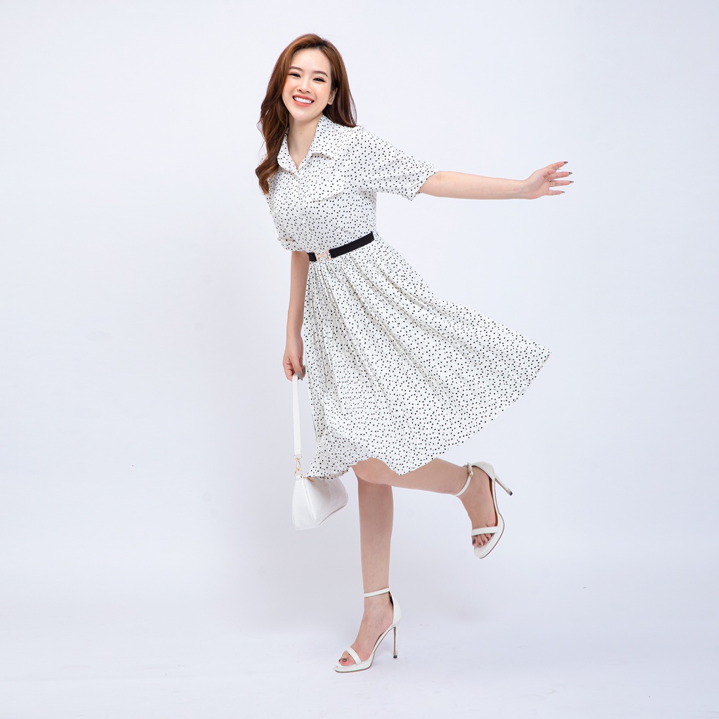 Đầm công sở châm bi tim dáng xòe AMYRA thiết kế trẻ trung  cổ sơ mi nút ngực đai eo DA148 | BigBuy360 - bigbuy360.vn