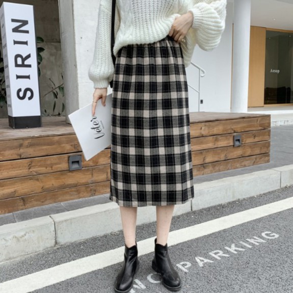 Chân váy dạ kẻ dáng dài Ulzzang, Chân váy dài dạ kẻ caro 2 màu đen nâu Quảng Châu form đẹp, chất mịn