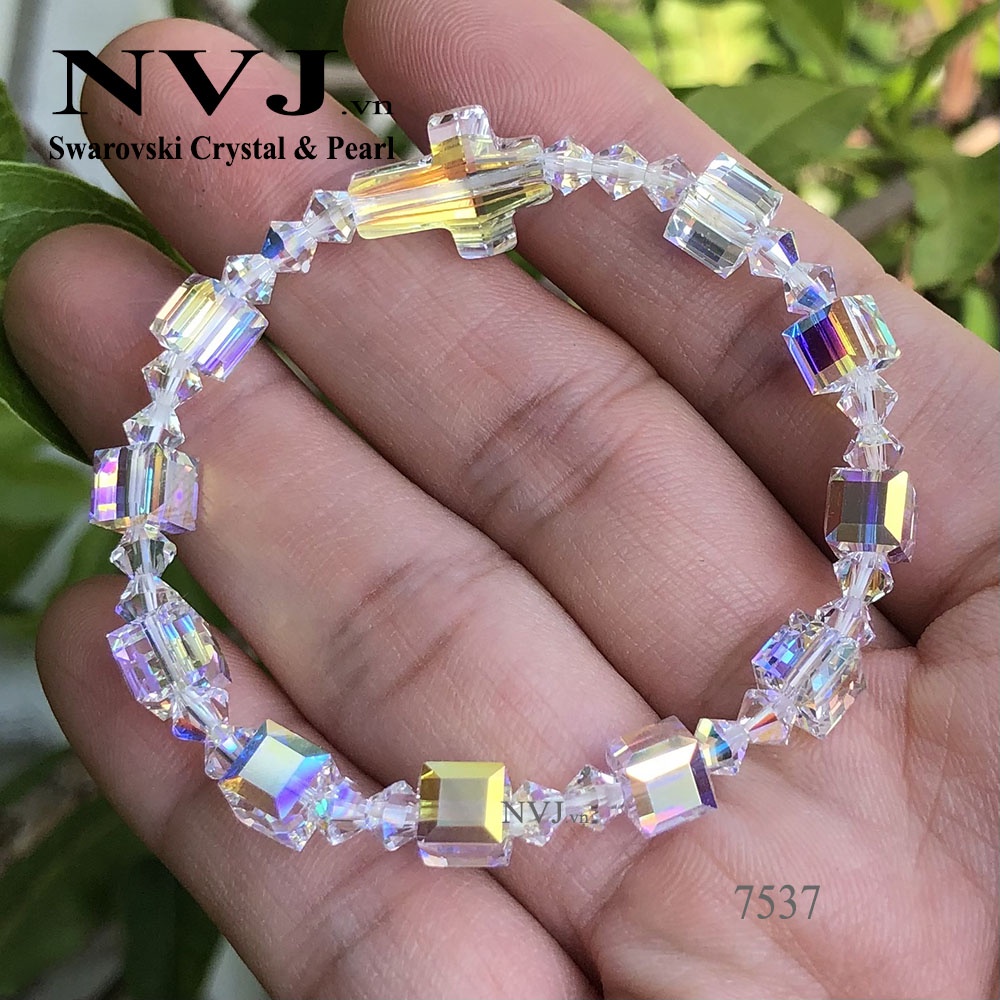 Chuỗi Mân Côi lần pha lê Áo Swarovski vuông 6ly Crystal 001AB cube 5601 - Quà tặng trang sức công giáo cao cấp lấp lánh