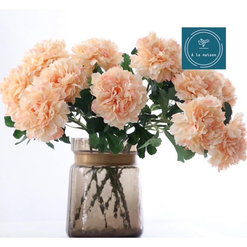 Hoa lụa - Cành hoa mẫu đơn cỡ trung 38cm dùng decor trang trí nhà cửa, hoa cô dâu