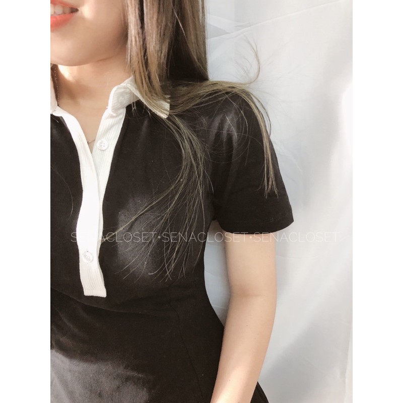 ĐẦM POLO ĐEN CỔ VIỀN TRẮNG