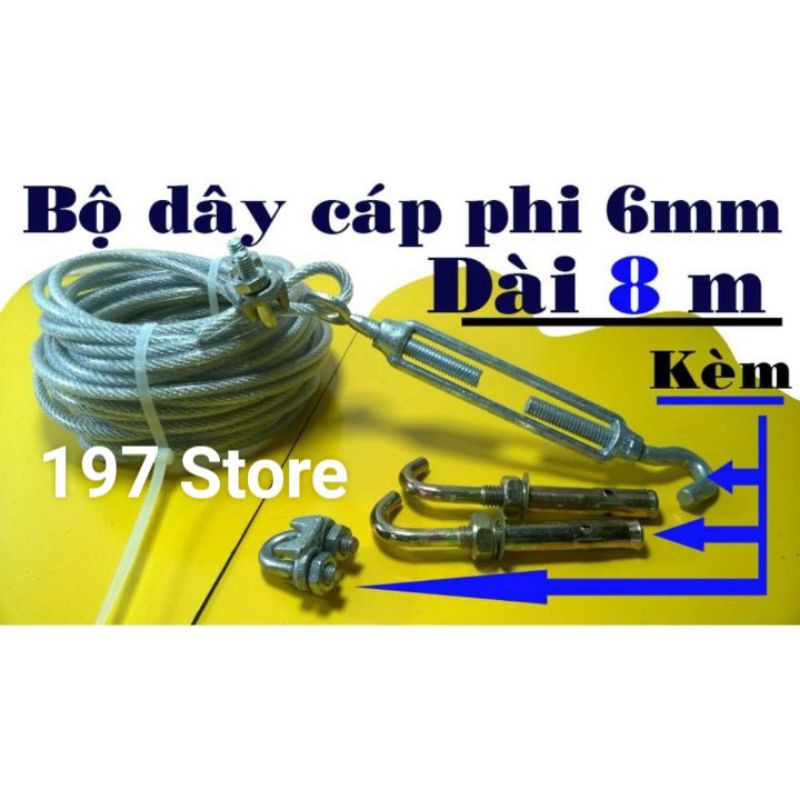 Bộ Dây phơi Dây cáp bọc nhựa 6mm dài 8 mét kèm 2 khóa cáp m8 2 nở sắt móc m10 1 tăng đơ m10