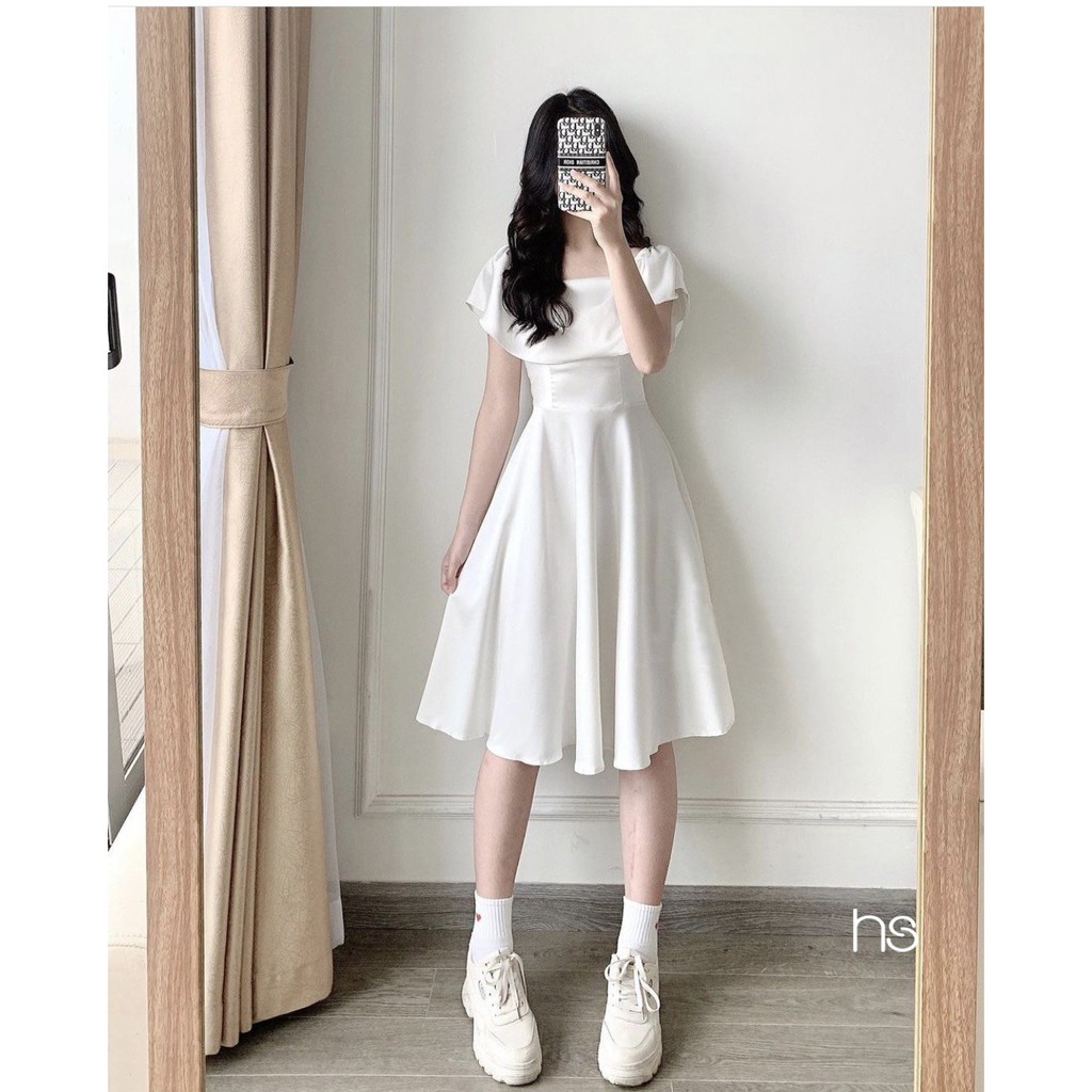 Đầm Trắng Nữ Chun Vai Cổ Vuông 🦋 Váy Nữ Eo Thun Cộc Tay Chất Đũi Dáng Xòe 🦋 | BigBuy360 - bigbuy360.vn