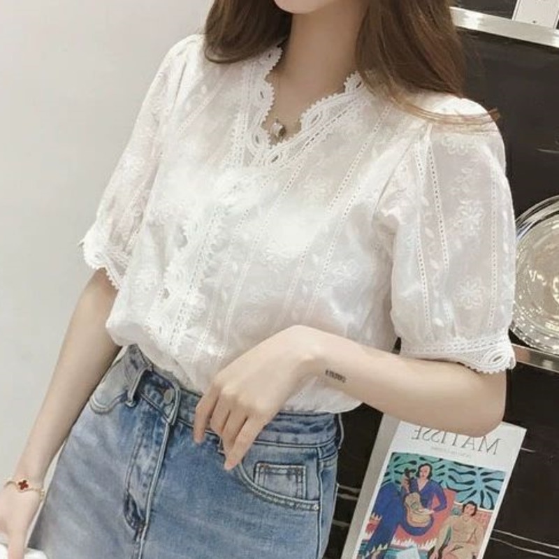 Áo sơ mi RENJIANVSHENG 164525 dáng ôm màu trắng tay ngắn phối ren cổ chữ V phong cách Phương Tây thời trang cho nữ