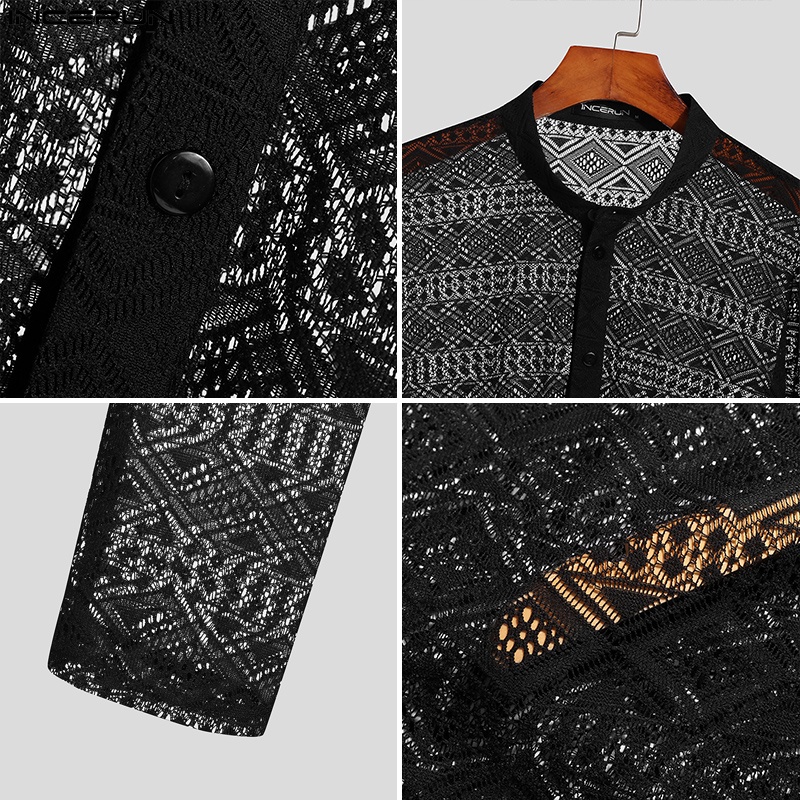 INCERUN Áo Sơ Mi Tay Dài Phối Lưới Thiết Kế Lỗ Thời Trang Cho Nam