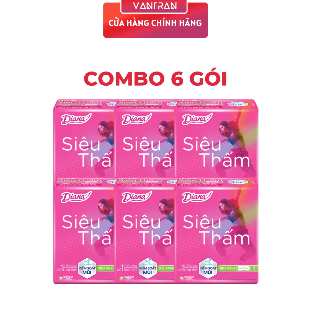 Combo 6 Gói Băng Vệ Sinh Diana Siêu thấm Siêu mỏng không cánh (Gói 8 Miếng)