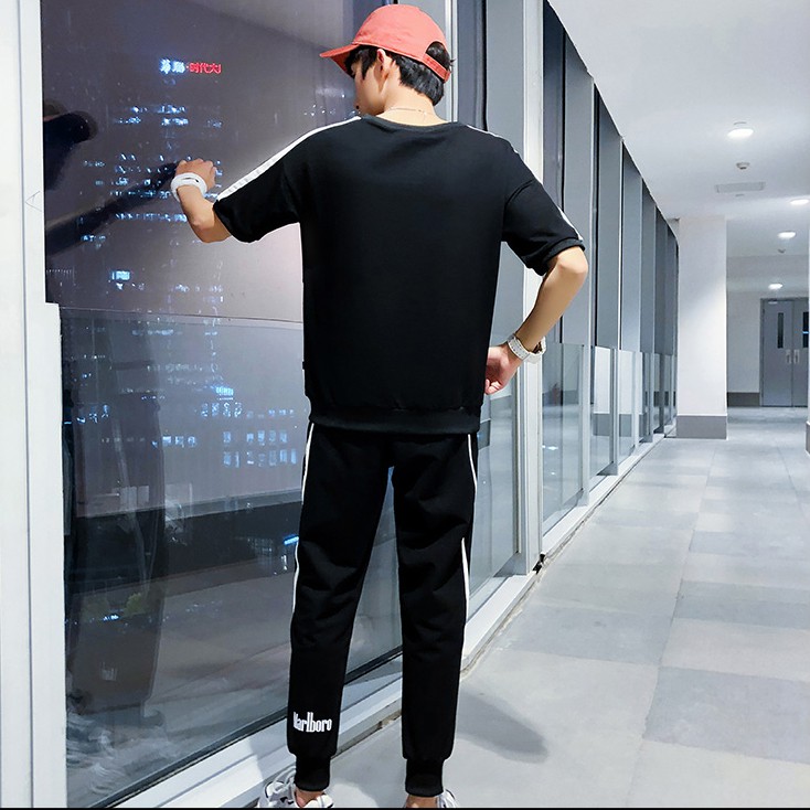 Bộ Quần Áo Thun Nam Ngắn Tay Phối Hai Màu Đen Trắng Quần Dài Phối Sọc Thời Trang Đường Phố SET NAM 90000110C2 | BigBuy360 - bigbuy360.vn