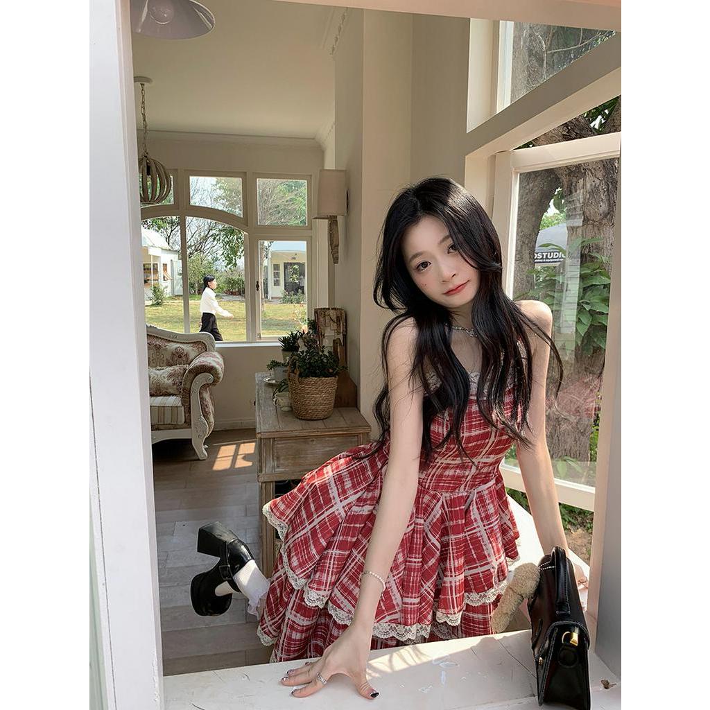 Đầm Hai Dây Phối Ren Họa Tiết Sọc Caro Ngọt Ngào Thời Trang Mùa Hè Cho Nữ