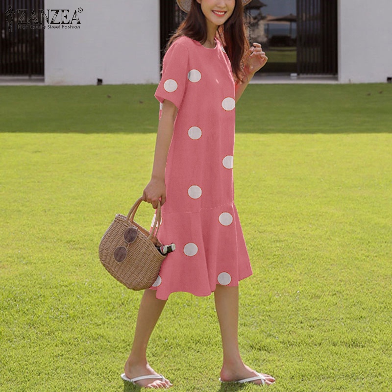 Đầm Zanzea kiểu chữ A tay ngắn viền bèo họa tiết chấm bi thời trang cho nữ