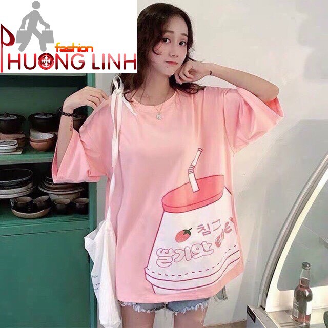 Áo thun unisex form rộng tay lỡ hình bình sữa - Thời Trang Phương Ling