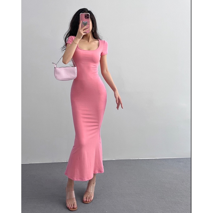 Váy Đuôi Cá Pháp Váy Nửa Tay Đầm Giữa Chiều Dài Châu Âu Mỹ Cổ Vuông Slim-Fit Skinny Đầm Hot Girl Đế Váy Mỏng Hơn Nhìn Váy Dài Tính Khí Gợi Cảm