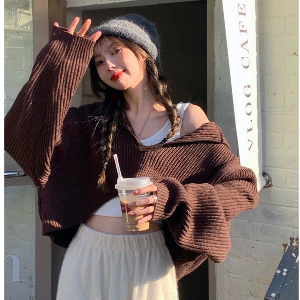 QADCOL Áo có mũ dài tay cổ chữ V dáng rộng thiết kế giản dị thời trang