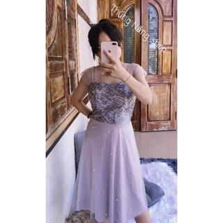 Đầm xòe phối ren, đính cườm, 2 lớp