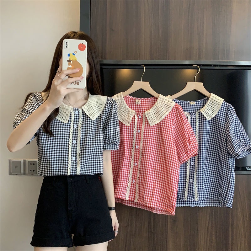 Áo Sơ Mi Tay Ngắn Dáng Rộng Cổ Búp Bê Kẻ Sọc Ca Rô Thiết Kế Mới Thời Trang Mùa Hè Cho Nữ