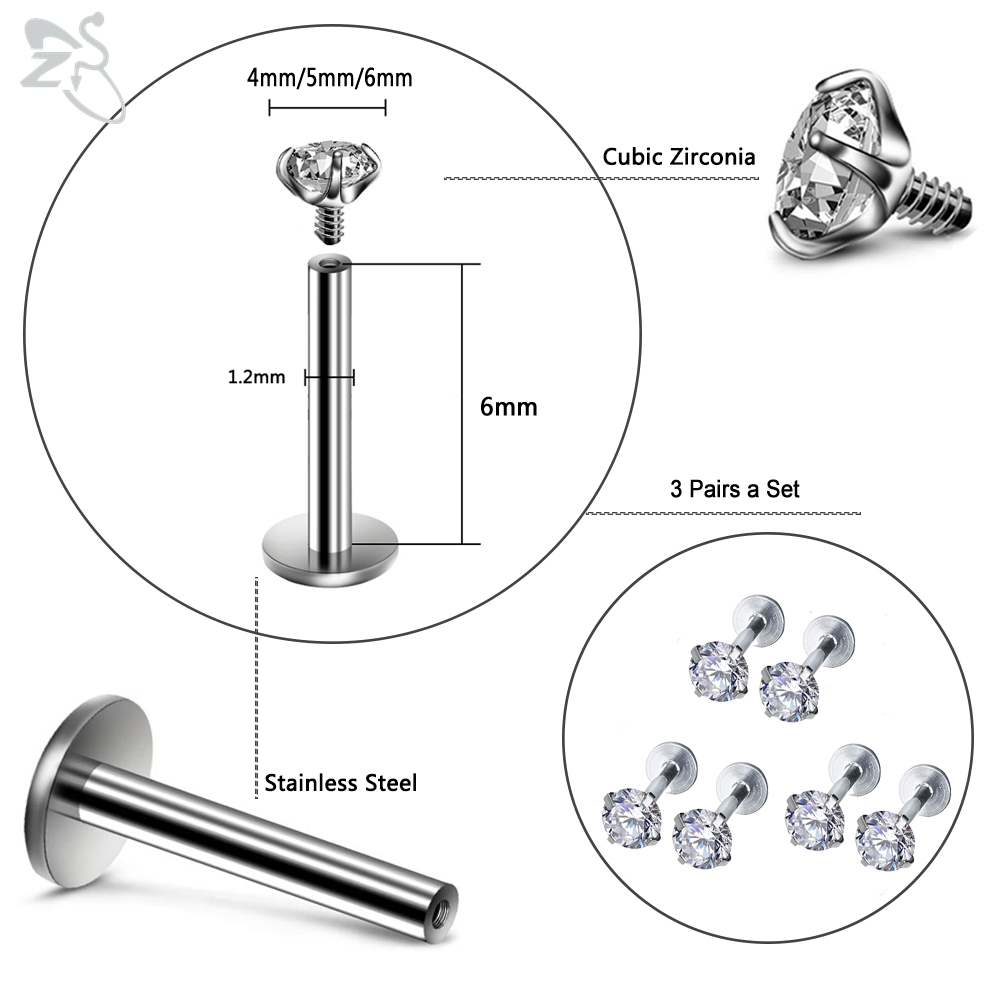 Set 6 Khuyên Xỏ Cơ Thể Bằng Thép Không Gỉ 3 / 4 / 5 / 6mm 16g