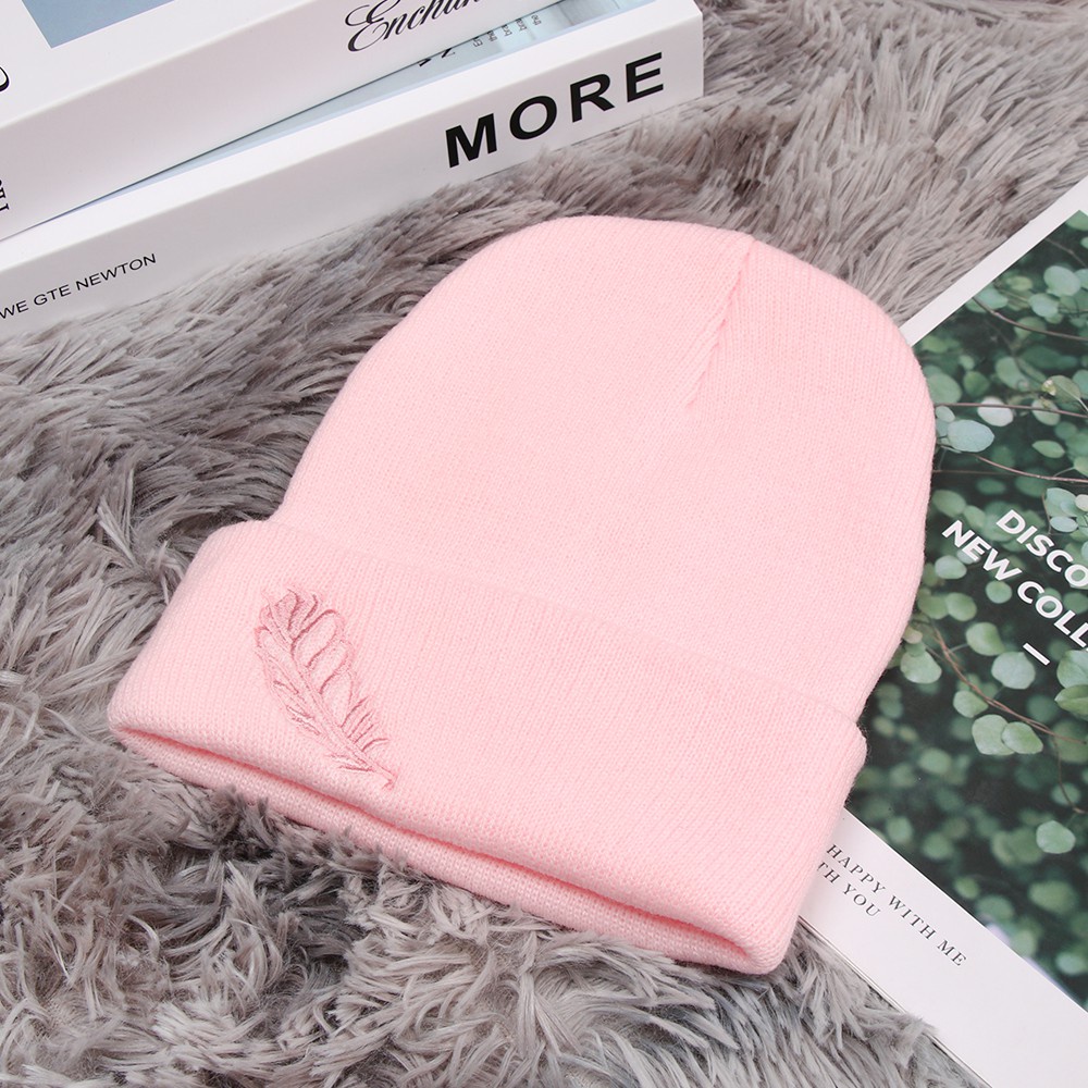 DORAW Soft Women's Cotton Beanies Snow Warm Hats Knitted Cap Leaf Knit Hat Autumn Skullies Crochet Bonnet High Quality Feather Embroidery Hats/Multicolor