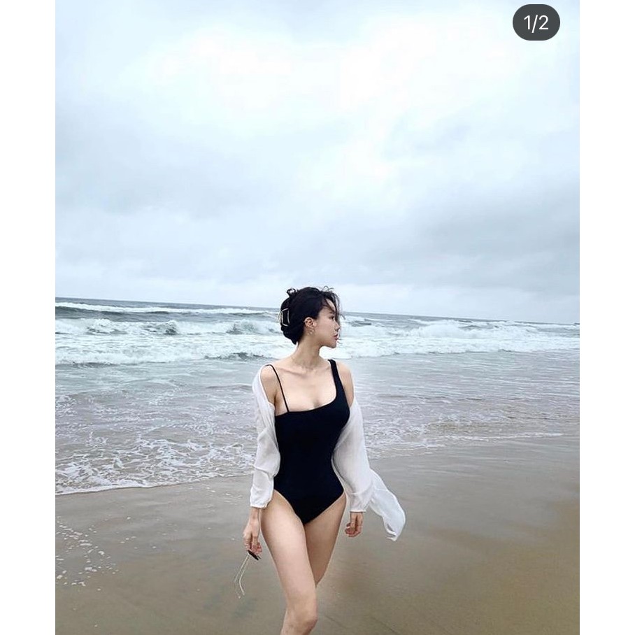 Bodysuit, Bikini liền mảnh LỆCH VAI cột nơ mảnh cá tính màu đen