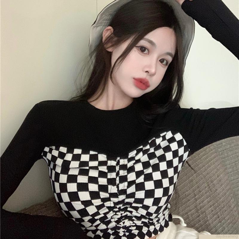 Áo croptop dệt kim tay dài dáng ôm phối dây rút trước họa tiết kẻ sọc thời trang mùa thu quyến rũ cho nữ