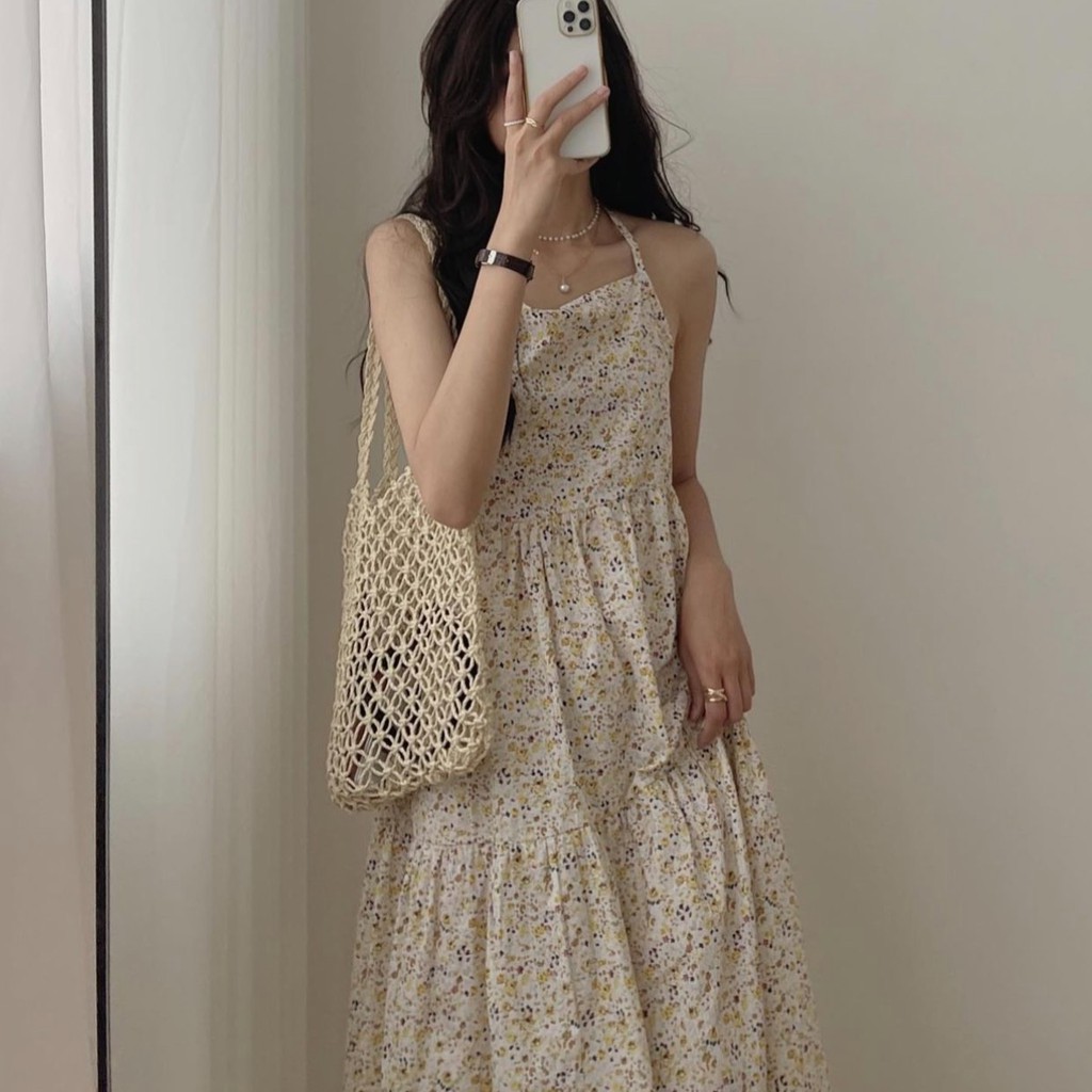 Váy Hai Dây Hoa Nhí Vàng Vintage ❤️ Hana Store - Freeship ❤️ Đầm nữ dáng suông dài họa tiết hoa nhí vàng vintage Ulzzang