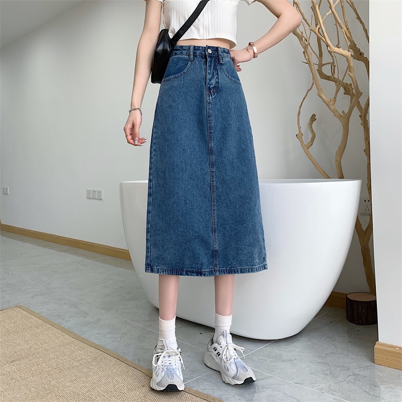 Chân váy bò chân váy jean chữ A FIRST DATE denim dài cạp cao cá tính