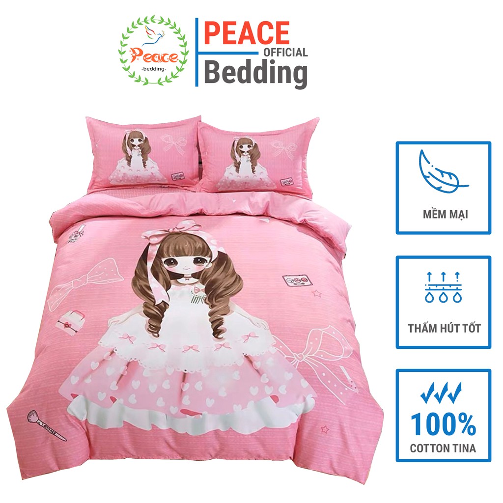 Bộ Chăn Ga Gối Coton Tina Cao Cấp Mẫu Công Chúa Hồng Cute, Dễ Thương, Mềm Mịn, Họa Tiết Sắc Nét Rõ Hình Công Chúa