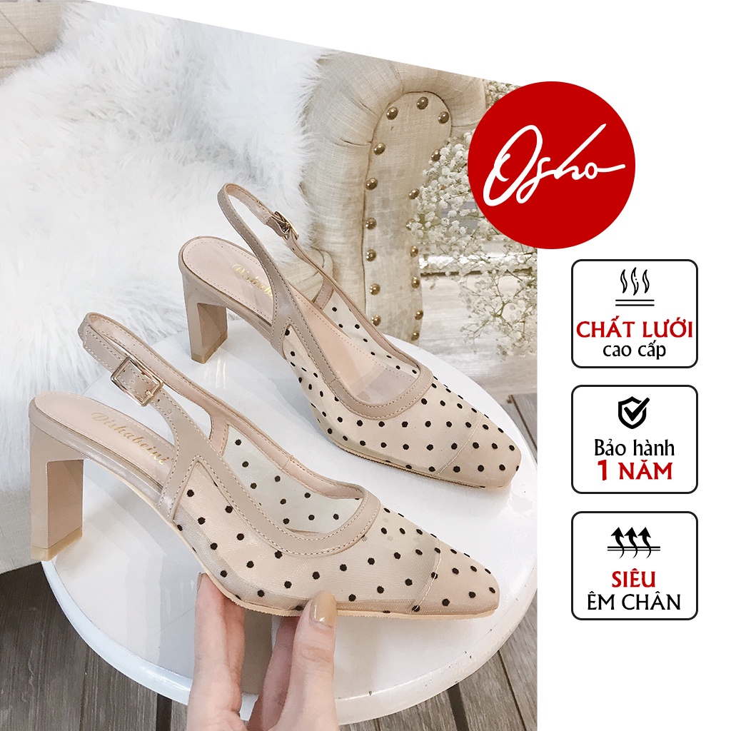 Giày Cao Gót Nữ Thời Trang OSHO Dáng Sandal Slingback, Mũi Tròn Gót Vuông, Họa Tiết Chấm Bi 2217-17
