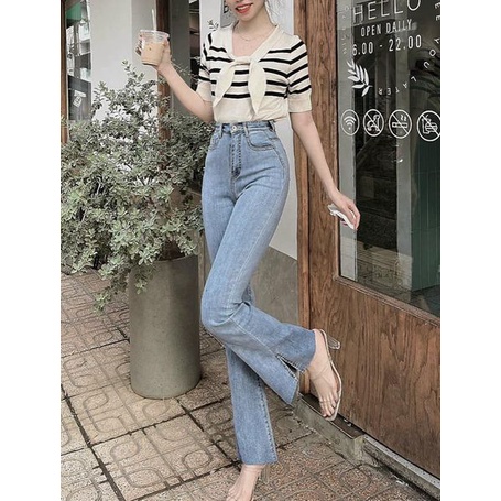 QUẦN JEAN DÀI CO GIÃN ỐNG PASS LOE LỠ XẺ LAI LƯNG CAO DÁNG ÔM TÔN DÁNG ULZZANG 2 MÀU