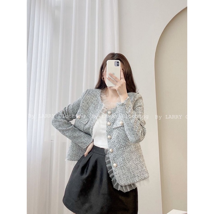 Áo Khoác Dạ Tweed Cao Cấp Gam Màu Mới Hottrend Kem Dải Lụa Khăn Cao Cấp A293 - Larry Clothing | BigBuy360 - bigbuy360.vn