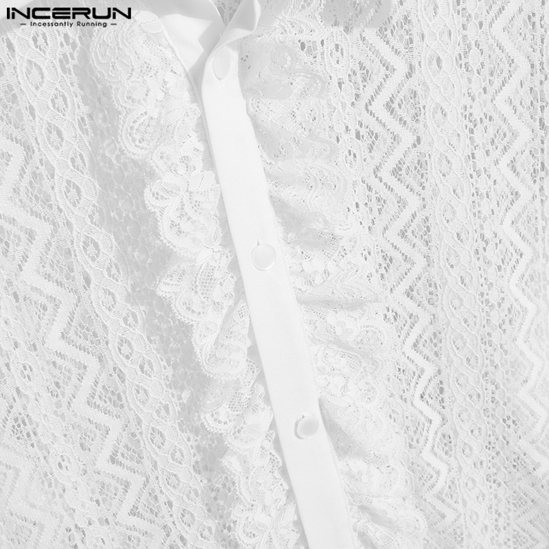 Áo sơ mi INCERUN dài tay phối ren lưới xuyên thấu phong cách Anh Quốc thanh lịch cho nam