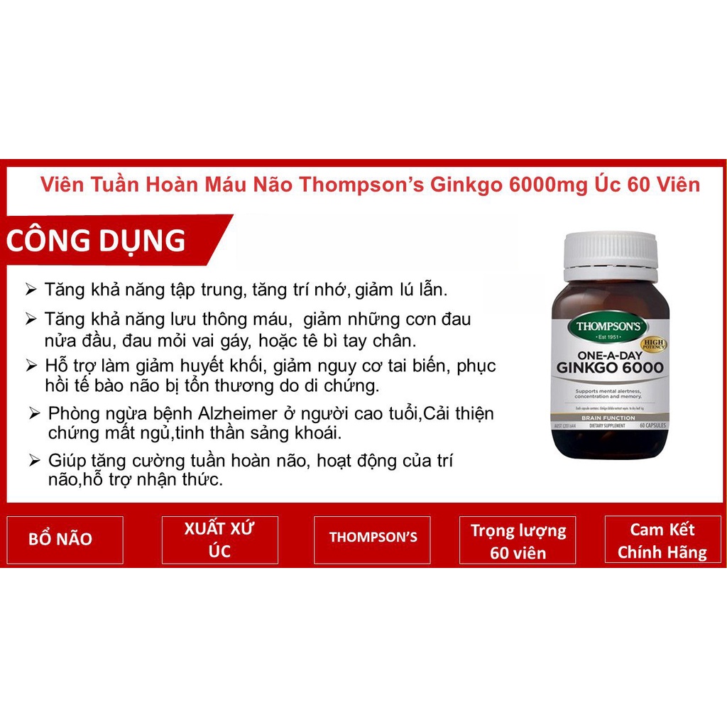 Bổ não tăng cường trí nhớ  Ginkgo Biloba 6000mg Thompson's