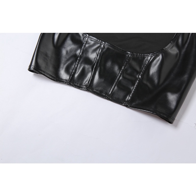 Áo Tank Top Da PU Hở Lưng Phối Khóa Kéo Phong Cách Đường Phố Cá Tính Cho Nữ