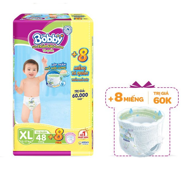 [tặng 8 miêng]tã quần Bobby size XL48