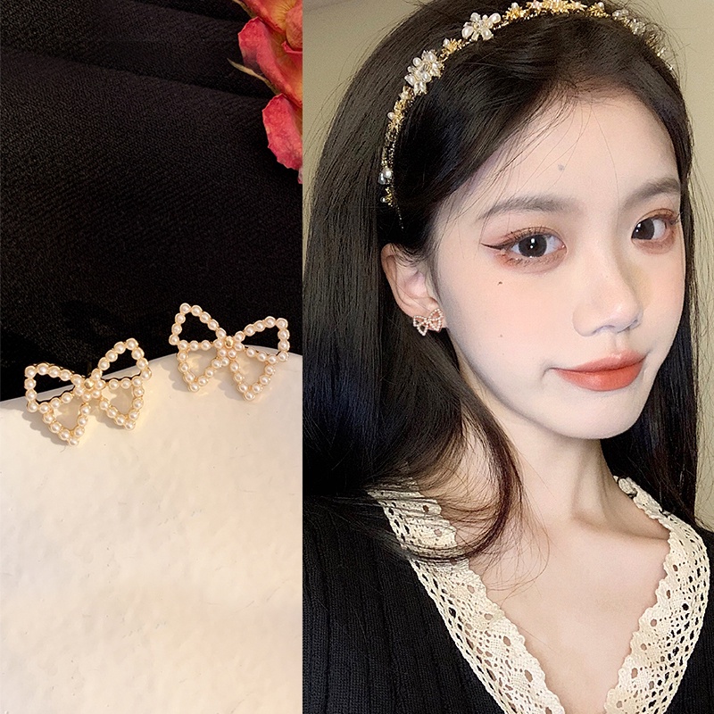 Bông tai bạc S925 hình nơ đính ngọc trai thời trang nữ
