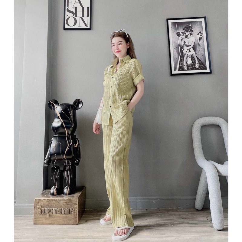 [HÀNG QUẢNG CHÂU LOẠI 1]Set Bộ Đồ Nữ Áo Sơ Mi Đũi Gân Ngắn Tay Mix Quần Culottes Ống Rộng Cạp Chun Freesize Form Rộng