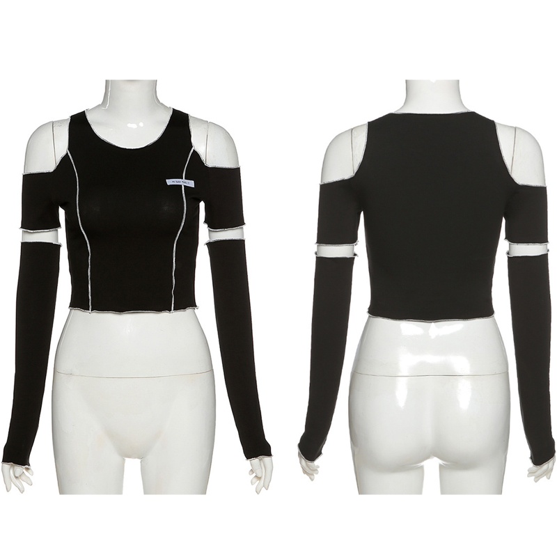 Áo thun croptop khoét lỗ hở vai viền bèo phong cách gothic harajuku thời trang đường phố dành cho nữ