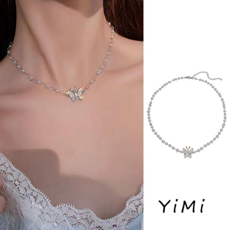 Vòng cổ Mặt Hình Bướm Hello Kitty Đính Ngọc Trai Cao Cấp Sang Trọng