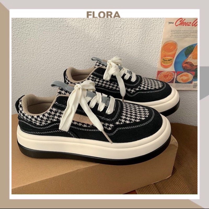 Giày Thể Thao Nữ Đế Độn Hoạ Tiết Houndstooth Đế Bánh Mì Tăng Chiều Cao HotTrend FLORA G23