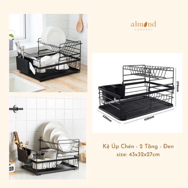 Kệ Úp Chén Bát 2 Tầng Sắt Không Gỉ Có Tấm Lót Thoát Nước - Giá Đựng Bát Dĩa - Sơn Tĩnh Điện Đen/Trắng - 43x32x27cm