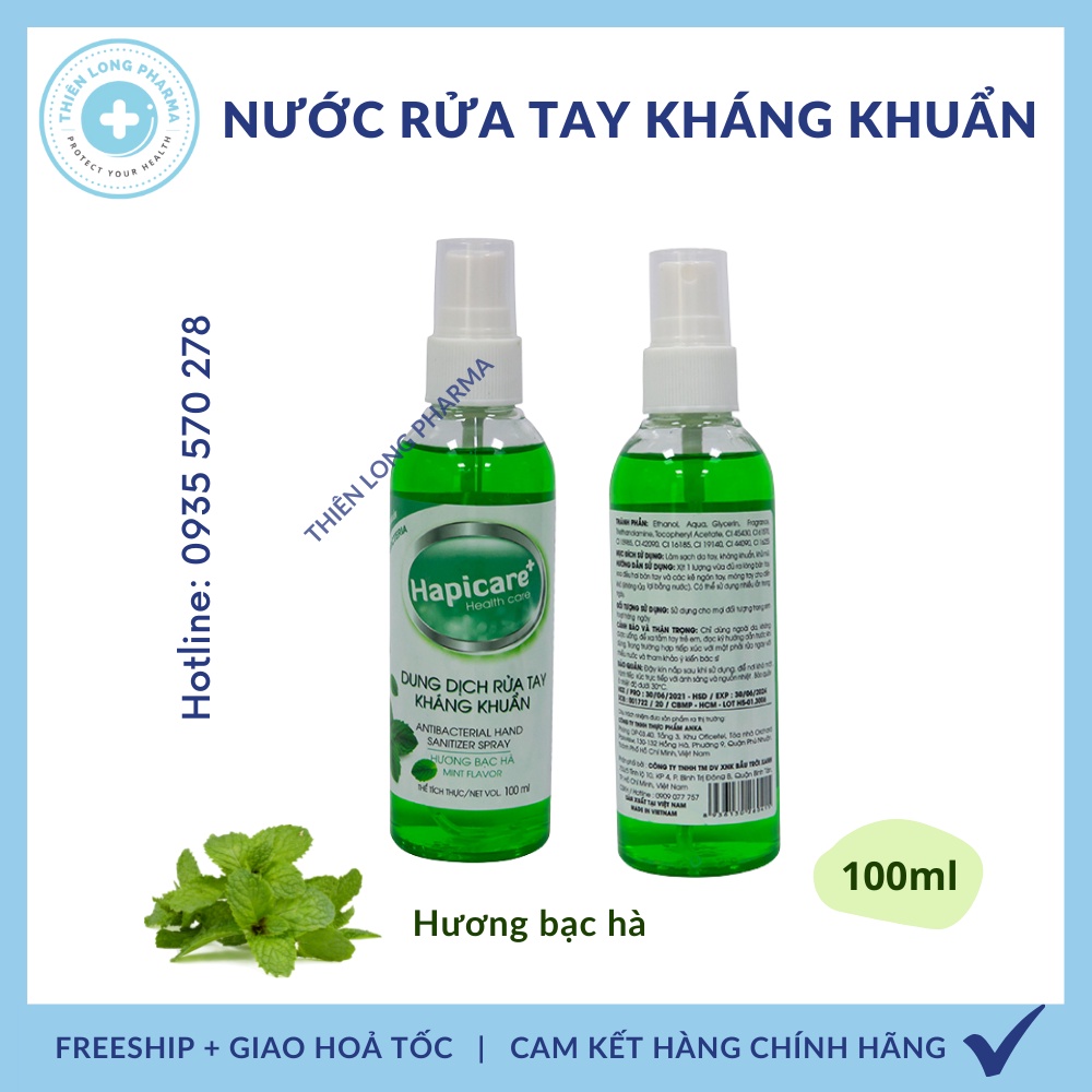 Chai nước rửa tay kháng khuẩn 100ml hương Bạc Hà, Xịt rữa tay sát khuẩn cao cấp, nước rửa tay xịt khử khuẩn Hapicare