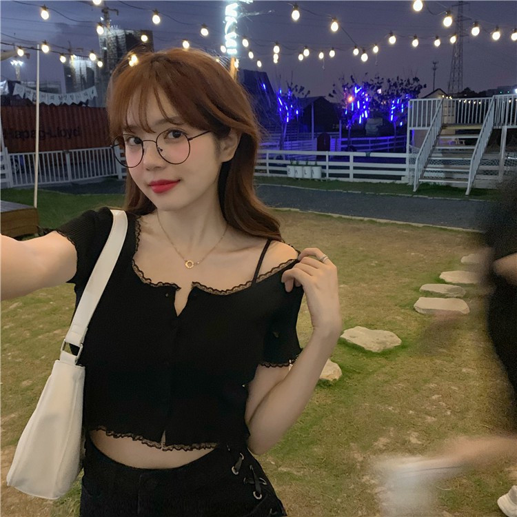 Áo Dệt Kim Tay Ngắn Phối Ren Bèo Kiểu Hàn Quốc